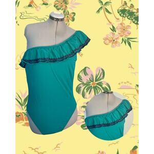 J CREW One Shoulder Ruffle Rick Rack One Piece Swimsuit Green & Navy Blue Sz 14